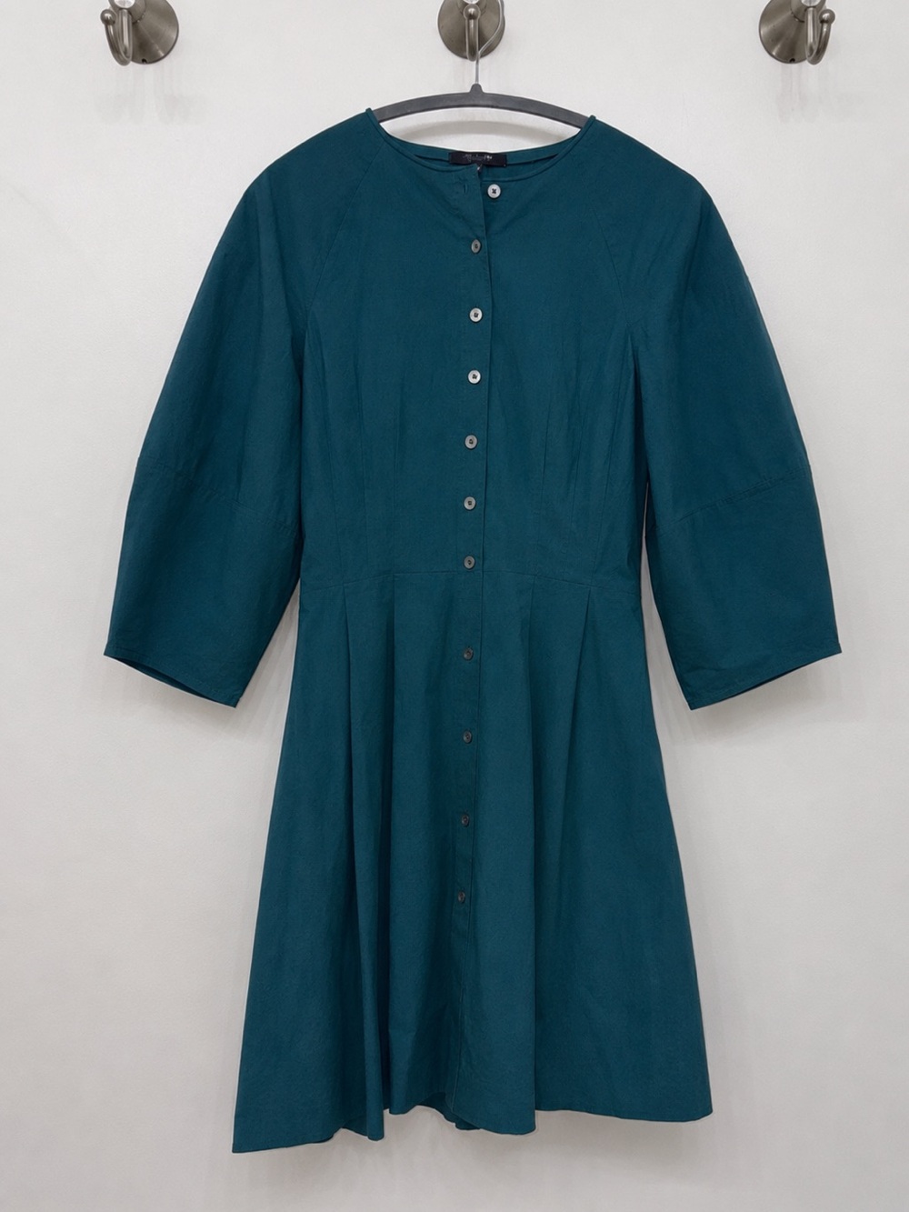 Madewell Sculptural-Sleeve Pleated Mini Shirt Dress Teal Green fit flare a-line - Picture 5 of 11